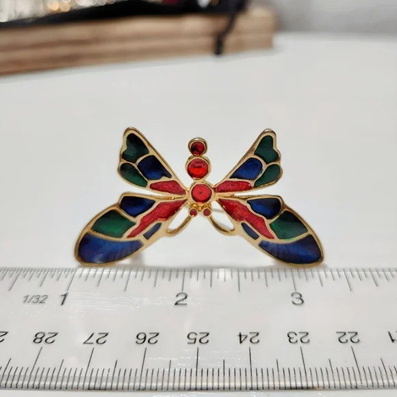 💎 2/$15 Gold tone Multi color Enamel Butterfly Brooch Pin Red Blue Green - Picture 4 of 6